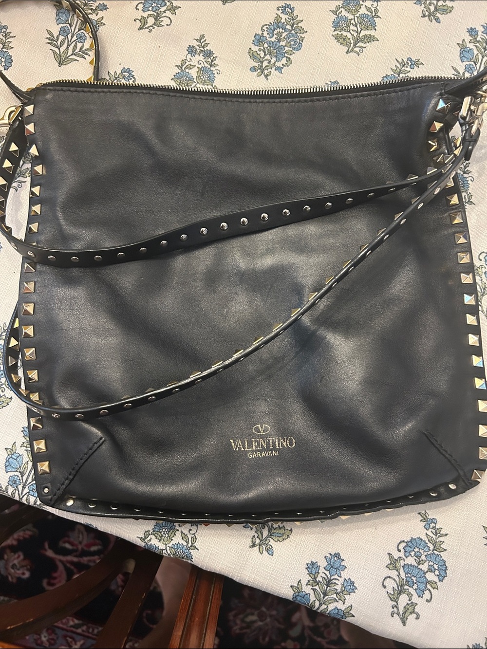 Valentino Garavani Black Leather Rockstud Shoulder Bag with Gold Logo